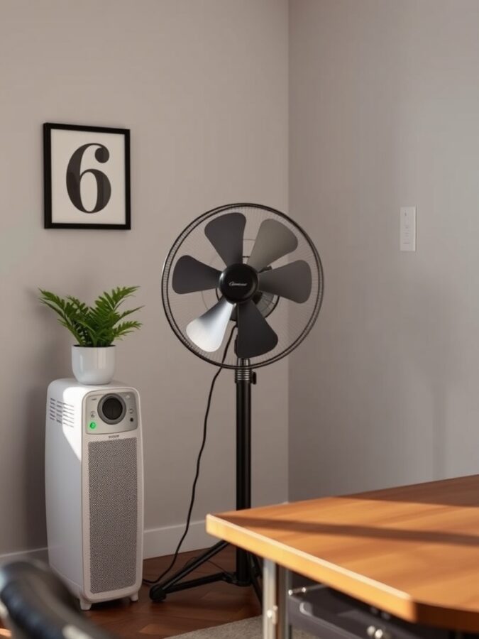 26 Cozy Home Office Ideas for Ultimate Comfort 22 A stylish fan and air purifier in a home office setting, with a plant and a wall art piece.