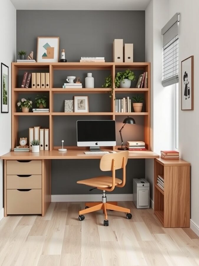 15 Inspiring Home Office Ideas for a Productive Workspace 11 A compact home office with a wooden desk, shelving, and a comfortable chair, showcasing an organized and inviting workspace.