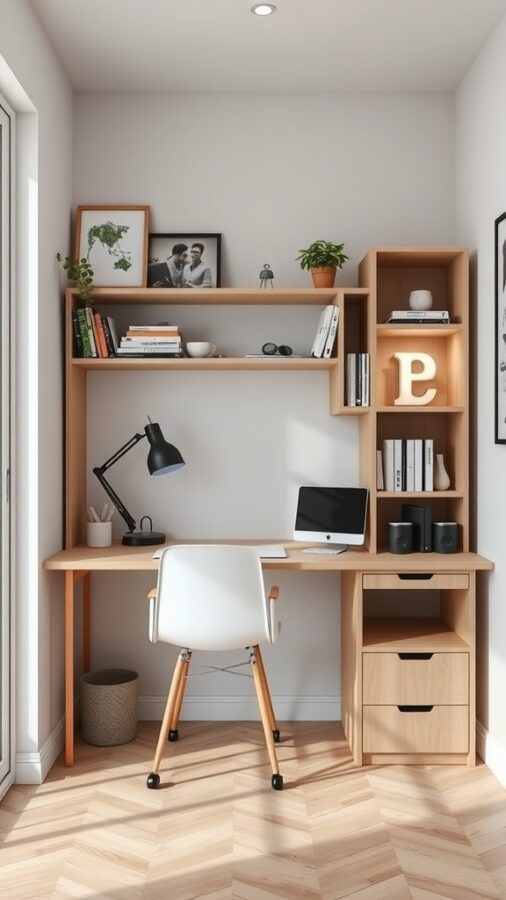 25 Stylish Home Office Ideas to Reflect Your Personality 12 A compact home office featuring a wooden desk, white chair, and shelves with books and plants.