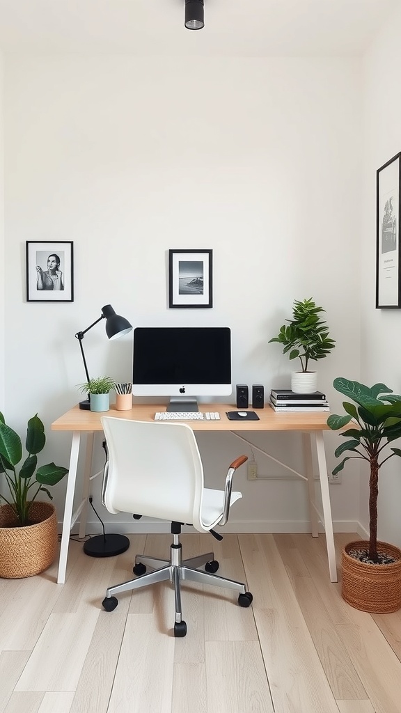20 Minimalist Home Office Ideas for a Clutter-Free Workspace 7 A minimalist compact workstation featuring a desk with a computer, lamp, and plants.