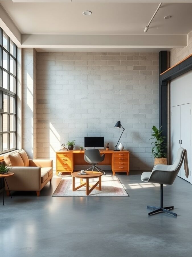 19 Inspiring Home Office Ideas with Industrial Flair 10 A modern home office featuring concrete flooring, large windows, and stylish furniture.