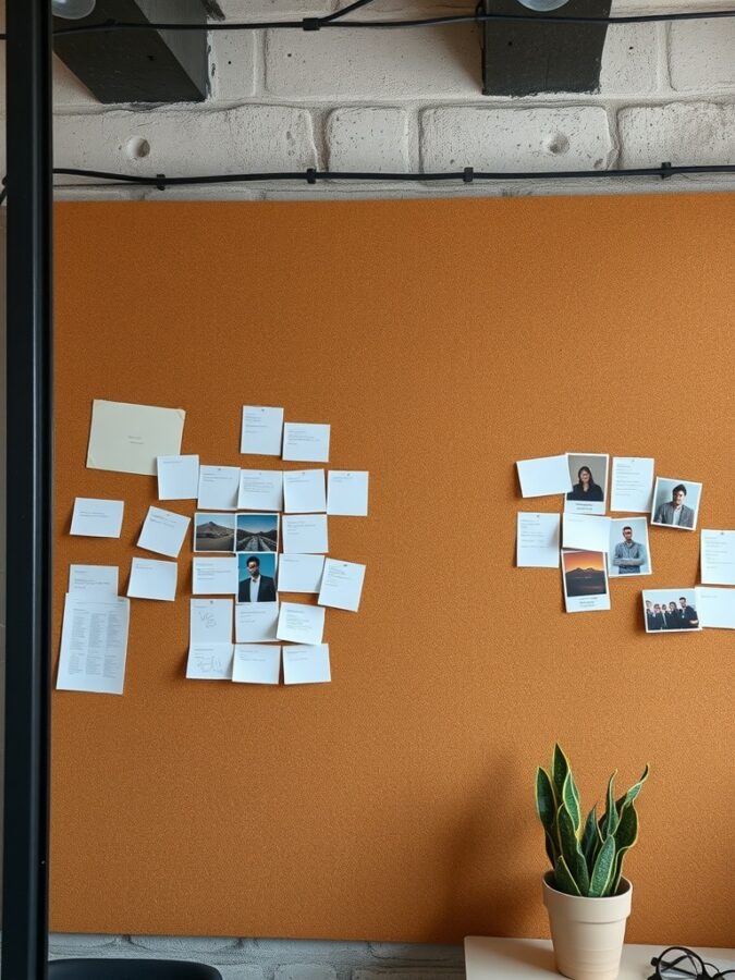 19 Inspiring Home Office Ideas with Industrial Flair 13 A corkboard wall in an office with notes and photos pinned on it, featuring a green plant in a pot.
