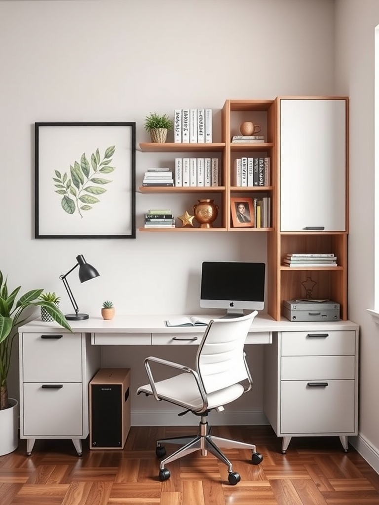 25 Smart Storage Solutions for a Stylish Home Office 12 A modern corner desk with shelves, a computer, and decorative items in a home office setting.