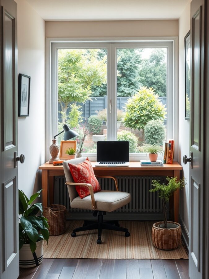13 Inspiring Home Office Ideas with Stunning Views 8 A cozy home office nook by the window with a desk, chair, and plants.