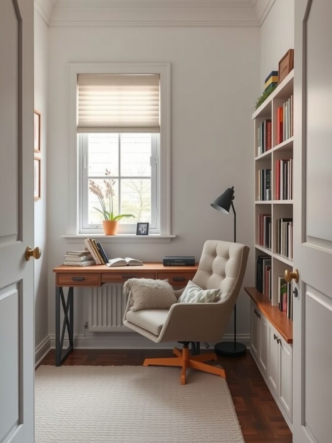 26 Cozy Home Office Ideas for Ultimate Comfort 26 A cozy home office nook with a comfortable chair, desk, and bookshelves, featuring natural light from a window.