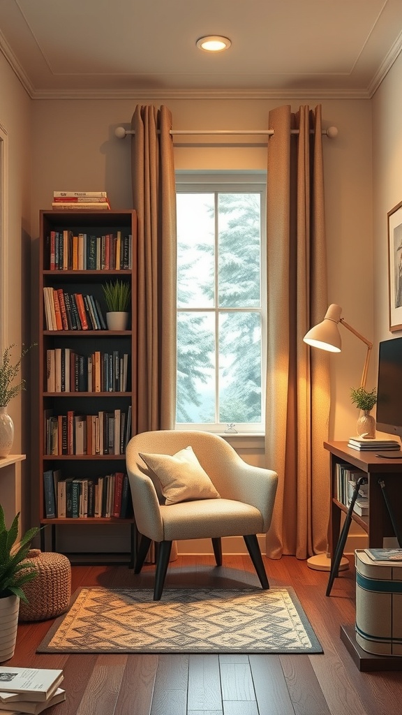 19 Inspiring Home Office Ideas You Need to Try 9 A cozy reading nook with a comfortable chair, bookshelf, and soft lighting.