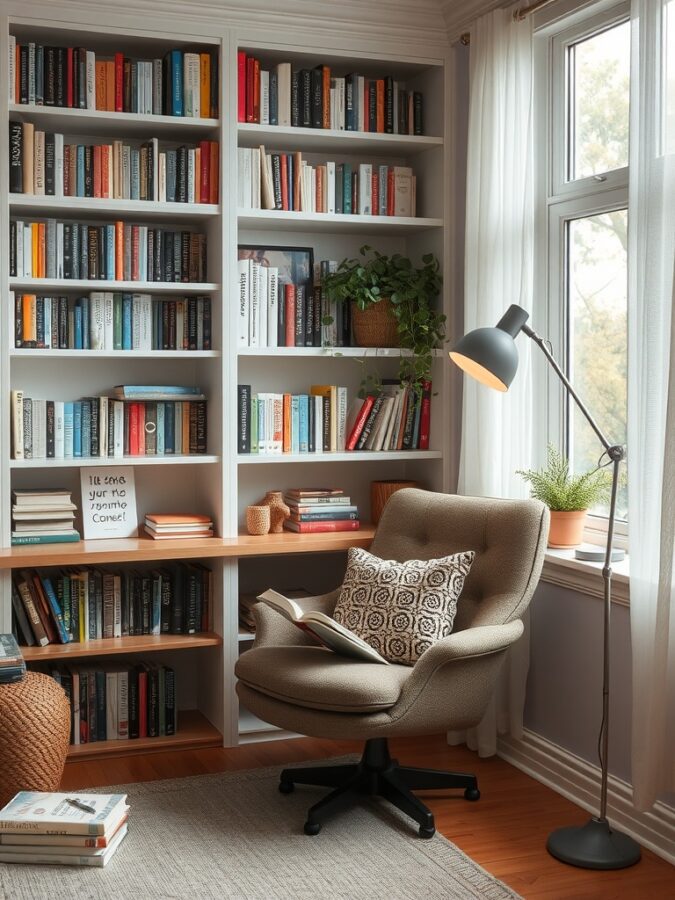 19 Stunning Home Office Ideas to Make a Bold Statement 12 Cozy reading nook with a comfortable chair, bookshelf filled with books, and warm lighting