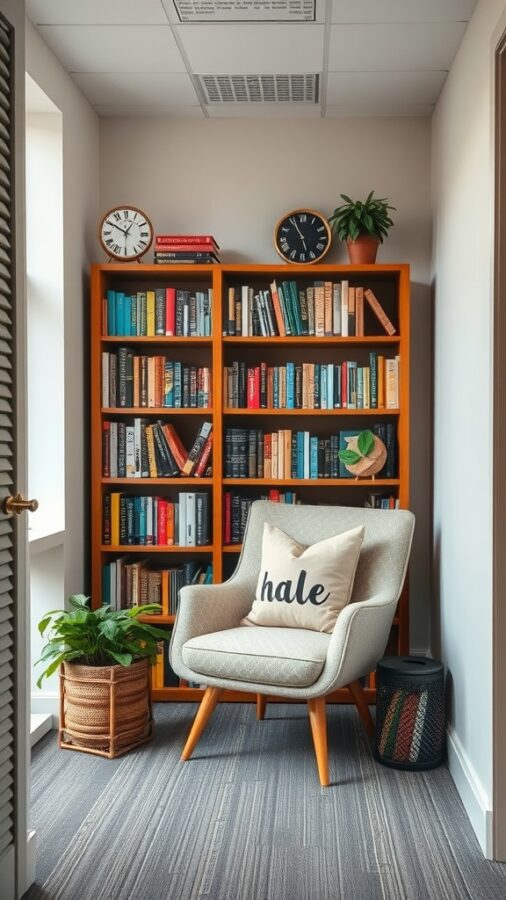 23 Creative Home Office Ideas for Shared Workspaces 13 A cozy reading nook with a comfortable chair, a bookshelf filled with colorful books, and a potted plant.