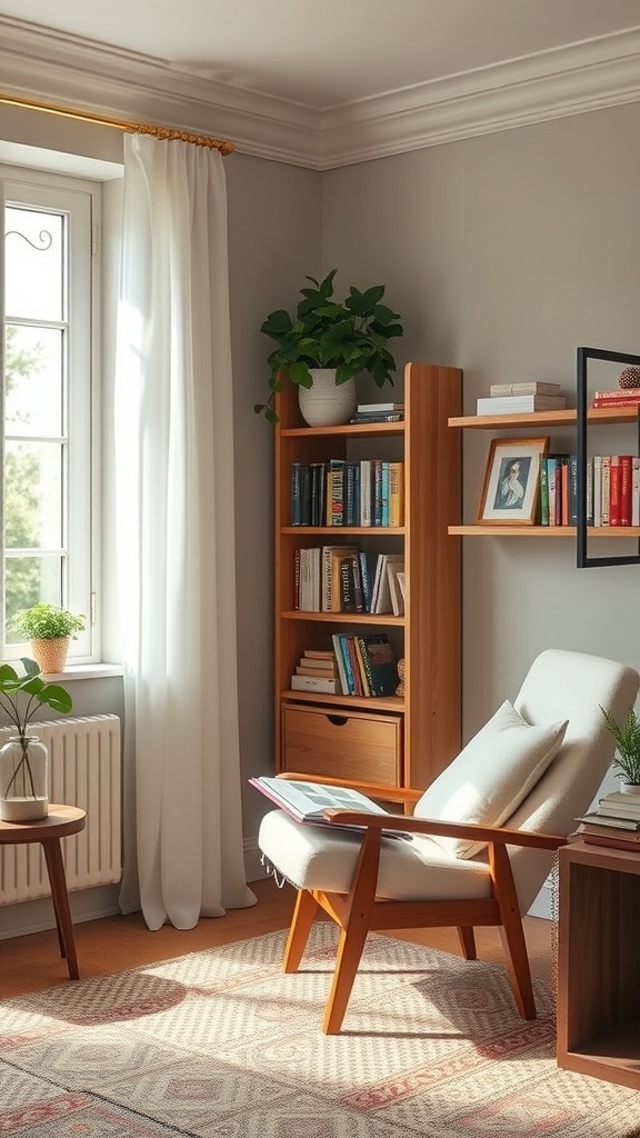21 Creative Home Office Ideas to Boost Your Productivity 7 A cozy reading nook with a comfortable chair, a wooden bookshelf filled with books, and potted plants, illuminated by natural light.