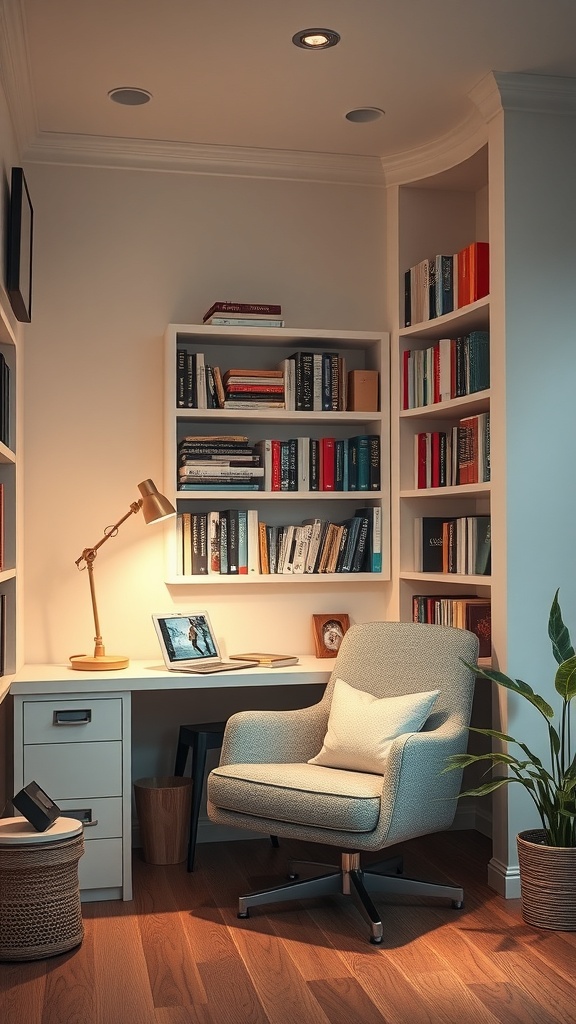 15 Inspiring Home Office Ideas to Match Every Personality 5 Cozy reading nook office with bookshelves, a desk, and a comfortable chair