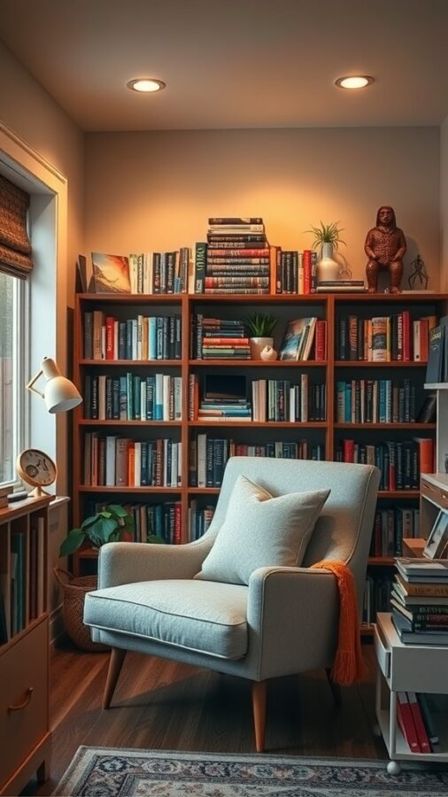 25 Stylish Home Office Ideas to Reflect Your Personality 7 A cozy reading nook office featuring a comfortable chair, a bookshelf filled with books, and warm lighting.
