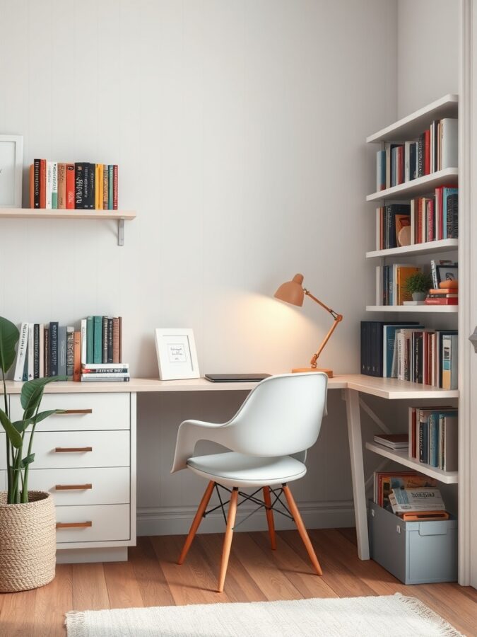 15 Inspiring Home Office Ideas for a Productive Workspace 4 A cozy reading nook featuring a desk, bookshelves, and a comfortable chair.