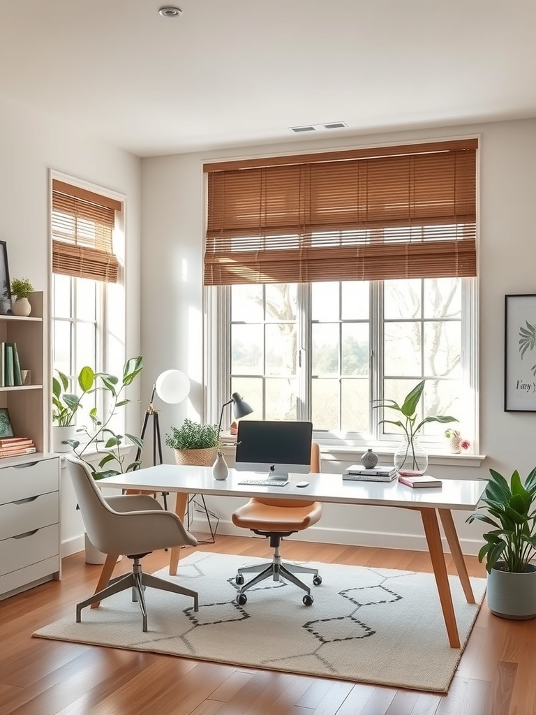 20 Creative and Affordable Home Office Ideas for Any Budget 20 A calm home office with large windows, plants, and a simple desk setup.