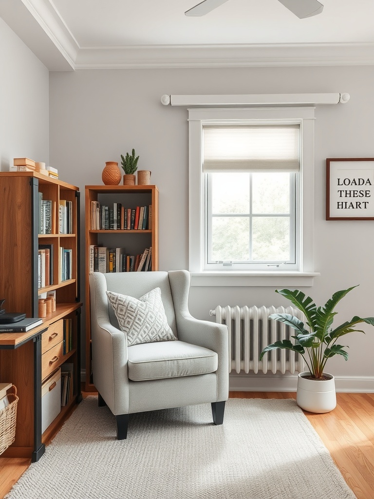 20 Creative and Affordable Home Office Ideas for Any Budget 17 A cozy reading nook featuring a light gray armchair, a bookshelf filled with books, a window with natural light, and a small plant.