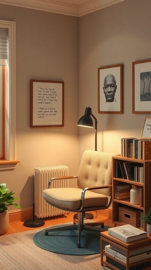 21 Smart Home Office Ideas That Also Make Cozy Guest Rooms 20 A cozy reading nook with a stylish chair, warm lighting, bookshelves, and artwork.