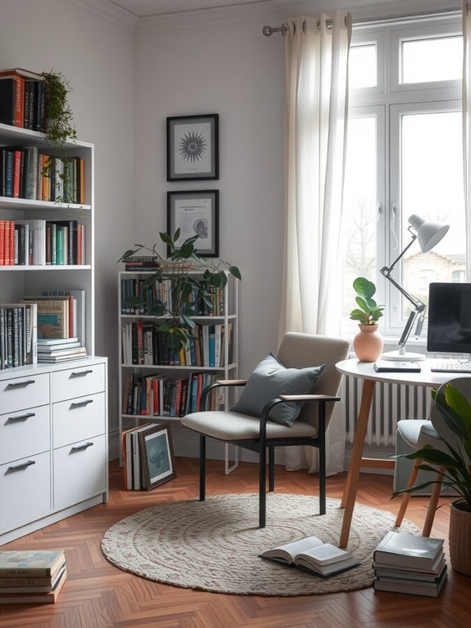 21 Inspiring Home Office Ideas for Creative Minds 11 A cozy reading nook with a comfortable chair, a small table, and a well-stocked bookshelf, surrounded by plants and natural light.