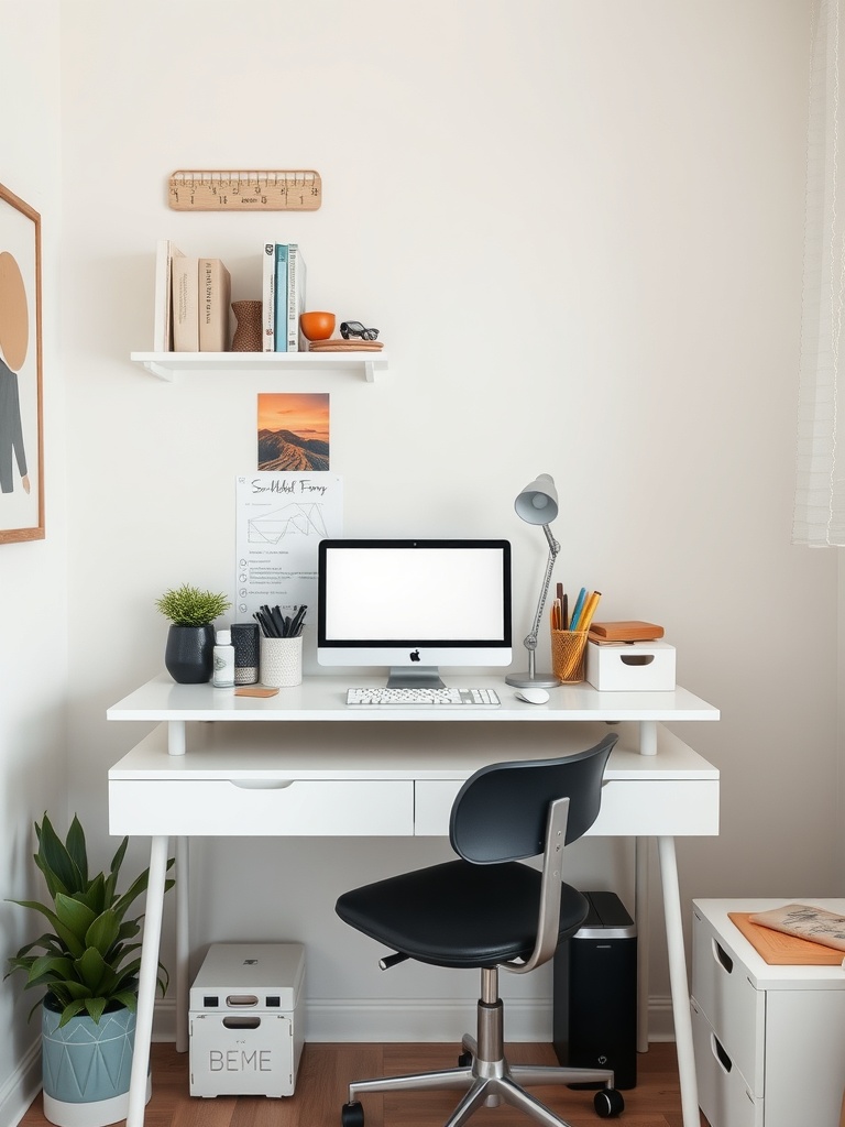 21 Creative DIY Ideas to Transform Your Home Office 14 A modern wall-mounted desk setup with an Apple computer, a lamp, and decorative items on a shelf.