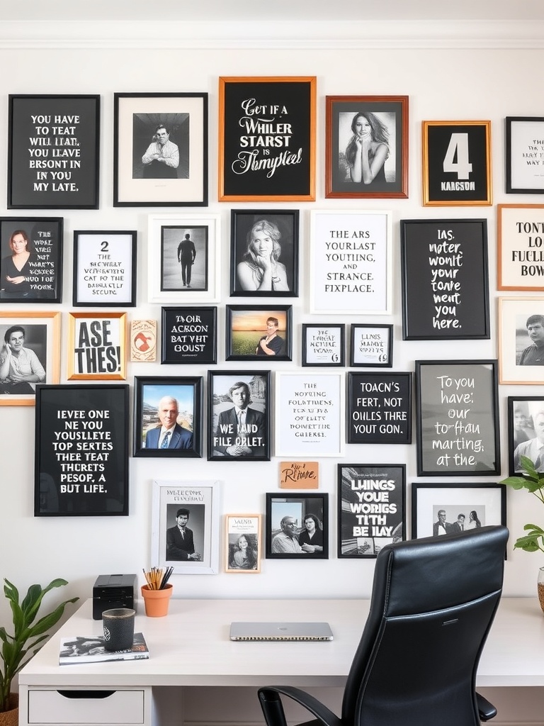 21 Creative DIY Ideas to Transform Your Home Office 3 A gallery wall with various framed quotes and photos in a home office setting.
