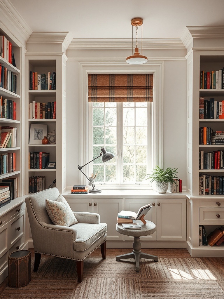 25 Smart Storage Solutions for a Stylish Home Office 23 Cozy reading nook with built-in bookshelves, a comfortable chair, and a small table.