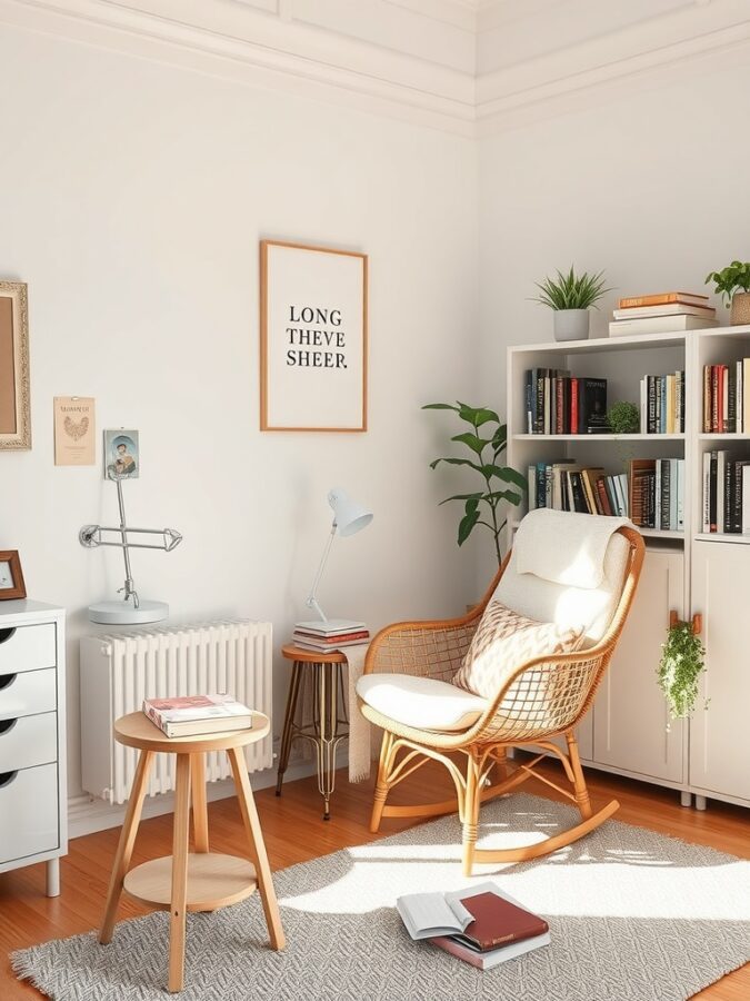 16 Inspiring Home Office Ideas for Enhanced Focus and Productivity 10 A cozy relaxation corner in a home office featuring a rocking chair, side table with books, and a bookshelf with plants.