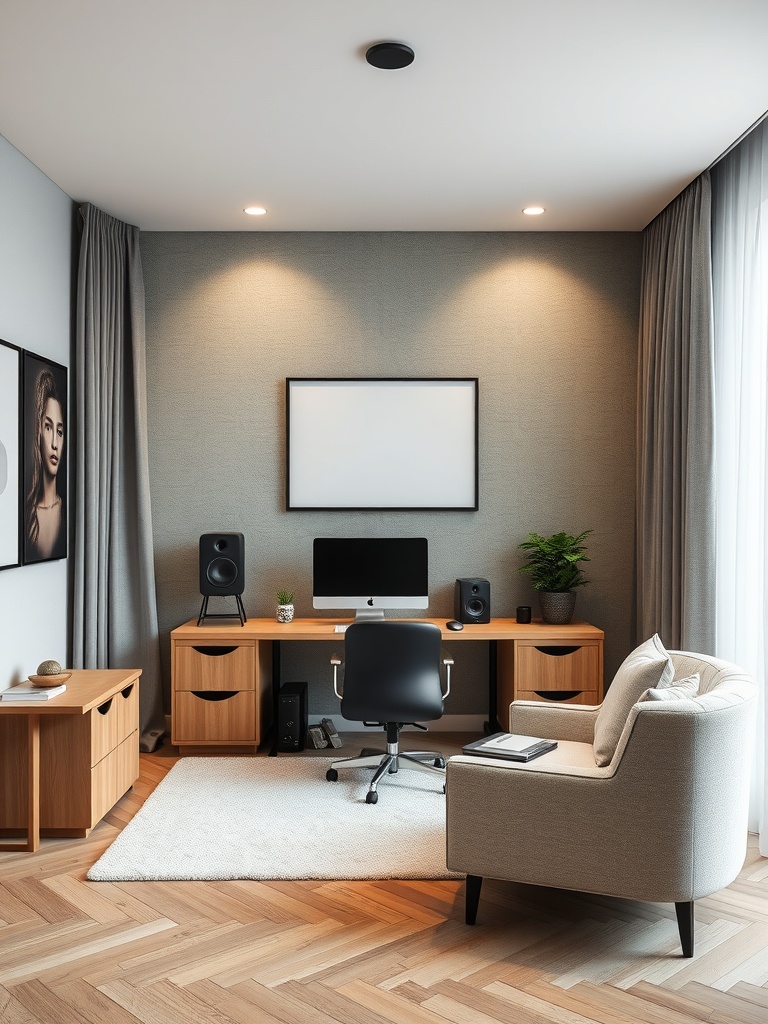 21 Creative DIY Ideas to Transform Your Home Office 19 A modern home office with soundproofing elements, featuring a desk, chair, and decorative plants.