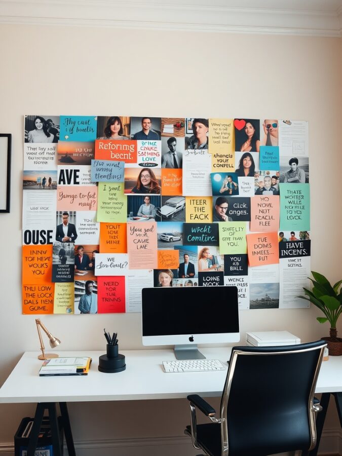 16 Inspiring Home Office Ideas for Enhanced Focus and Productivity 15 A colorful vision board filled with notes, quotes, and images on a wall in a home office.