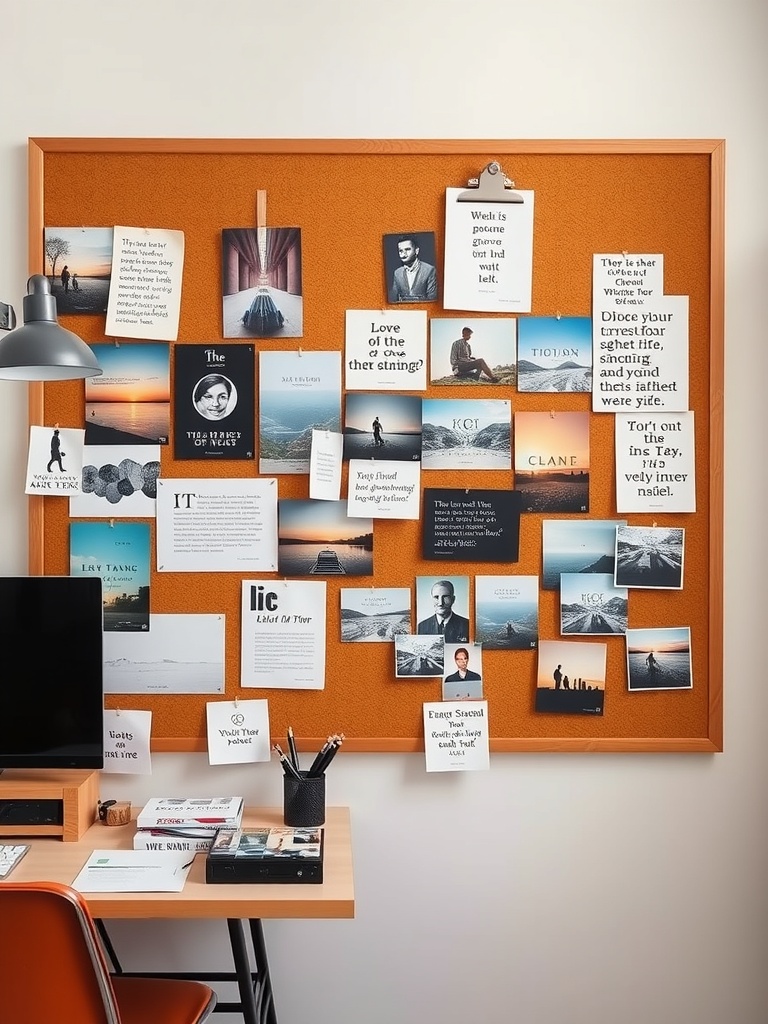 21 Creative DIY Ideas to Transform Your Home Office 10 A corkboard filled with inspiring quotes, photographs, and notes for goal setting.