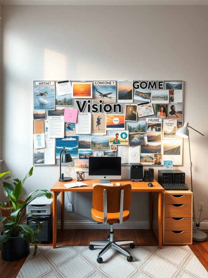 21 Inspiring Home Office Ideas for Creative Minds 23 A cozy home office with a vision board filled with images and quotes, showcasing creativity and goal setting.