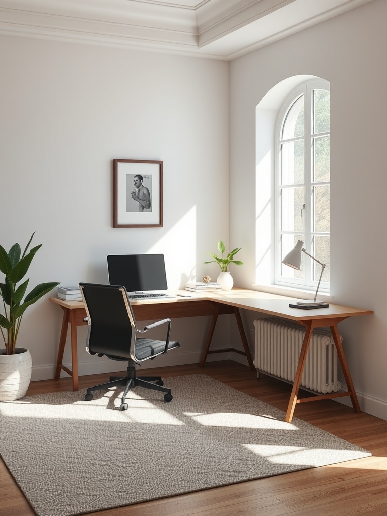 30 Inspiring Home Office Ideas for Remote Work Success 25 A bright and minimalistic home office with a desk, chair, plants, and natural light.