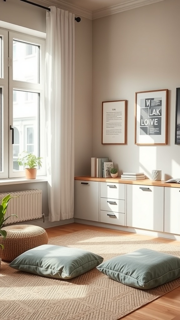 21 Creative Home Office Ideas to Boost Your Productivity 23 A serene home office space with large windows, floor cushions, and plants, designed for mindfulness.