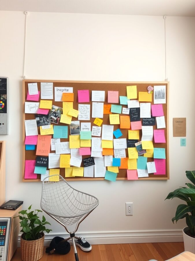 26 Cozy Home Office Ideas for Ultimate Comfort 23 A corkboard filled with colorful sticky notes and reminders in a home office setting.