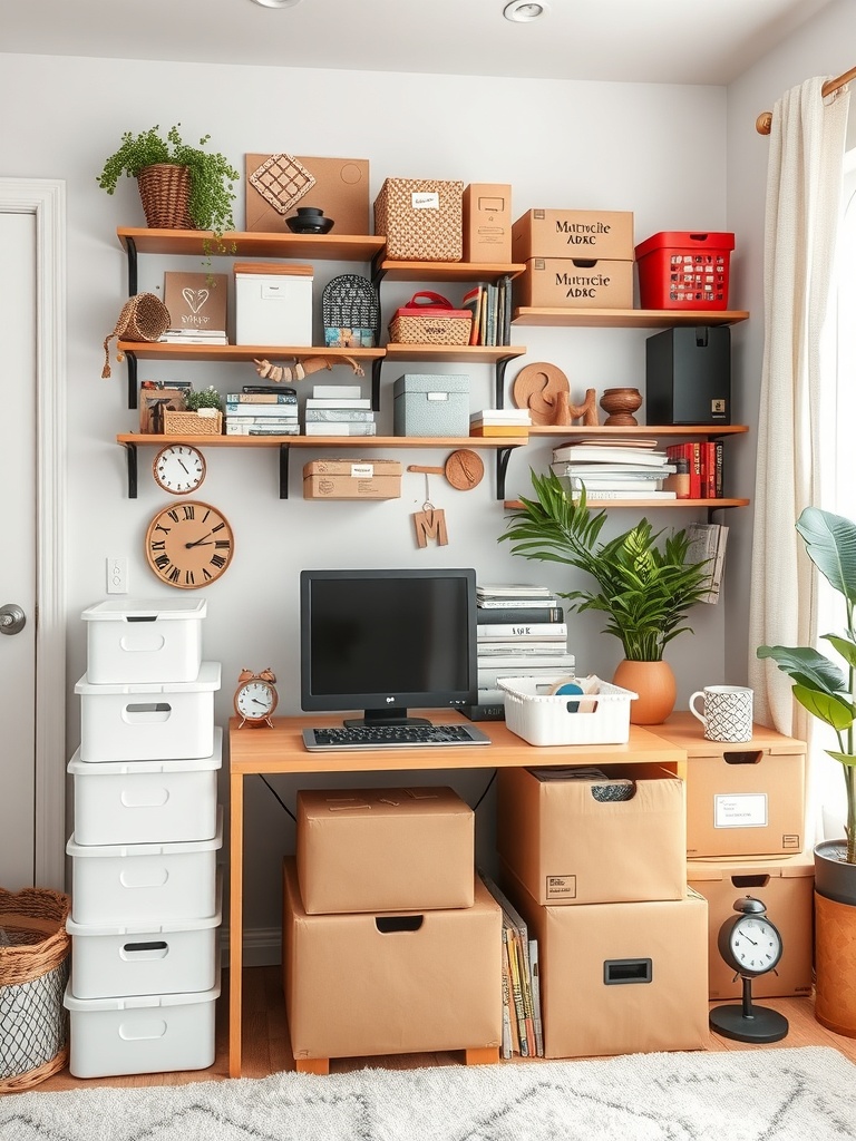 20 Creative and Affordable Home Office Ideas for Any Budget 7 A well-organized home office with creative storage solutions, featuring shelves filled with boxes and plants, a desk with a computer, and decorative items.