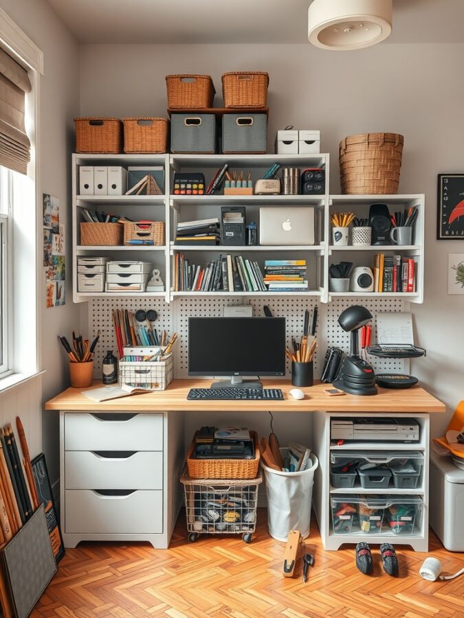 21 Inspiring Home Office Ideas for Creative Minds 8 A well-organized home office with shelves filled with baskets and boxes, a desk with a computer, and various tools neatly arranged.