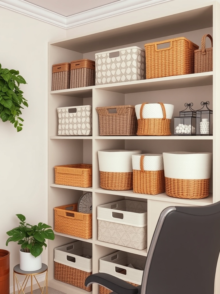25 Smart Storage Solutions for a Stylish Home Office 7 A well-organized home office shelf with various baskets and bins for storage.