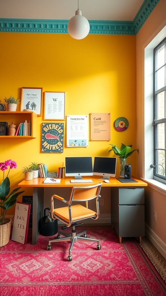 19 Inspiring Home Office Ideas You Need to Try 8 A vibrant home office with yellow walls, teal accents, and a stylish desk.