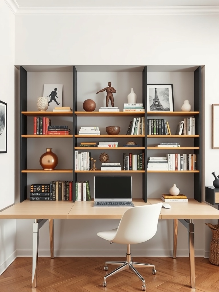 30 Inspiring Home Office Ideas for Remote Work Success 5 A modern home office featuring a stylish desk and a creative shelving unit filled with books and decorative items.