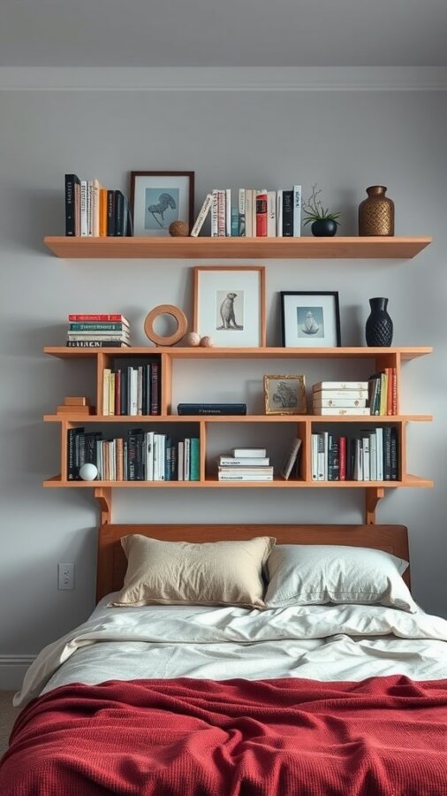 21 Smart Home Office Ideas That Also Make Cozy Guest Rooms 14 A cozy bed with a stylish shelving unit above, filled with books and decorative items.