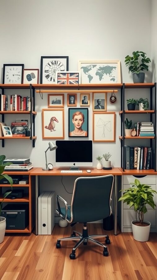 23 Creative Home Office Ideas for Shared Workspaces 9 A stylish home office with shelves displaying books, plants, and framed art, featuring a desk with a computer and a comfortable chair.