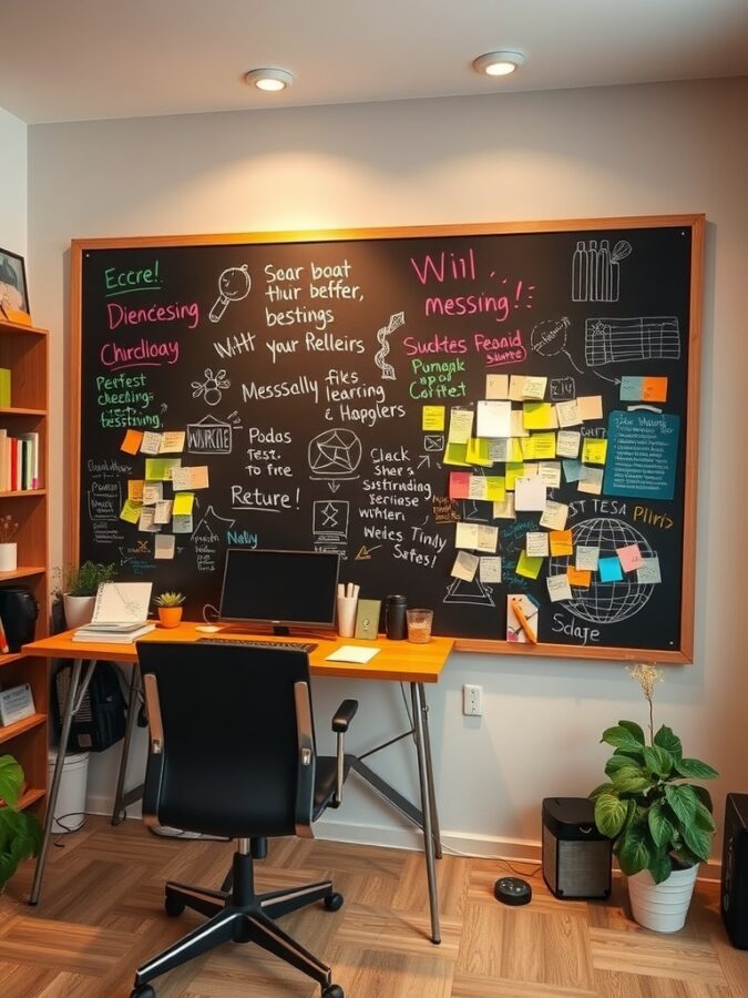 16 Vibrant Home Office Ideas to Brighten Your Workspace 17 A creative home office featuring a chalkboard filled with colorful notes and doodles, a wooden desk, and a chair.