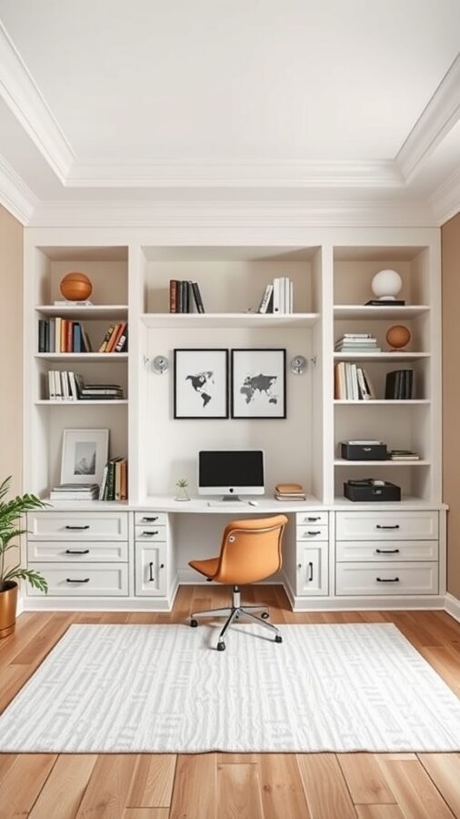 25 Stylish Home Office Ideas to Reflect Your Personality 27 A modern home office with built-in shelves, a desk, and an orange chair.