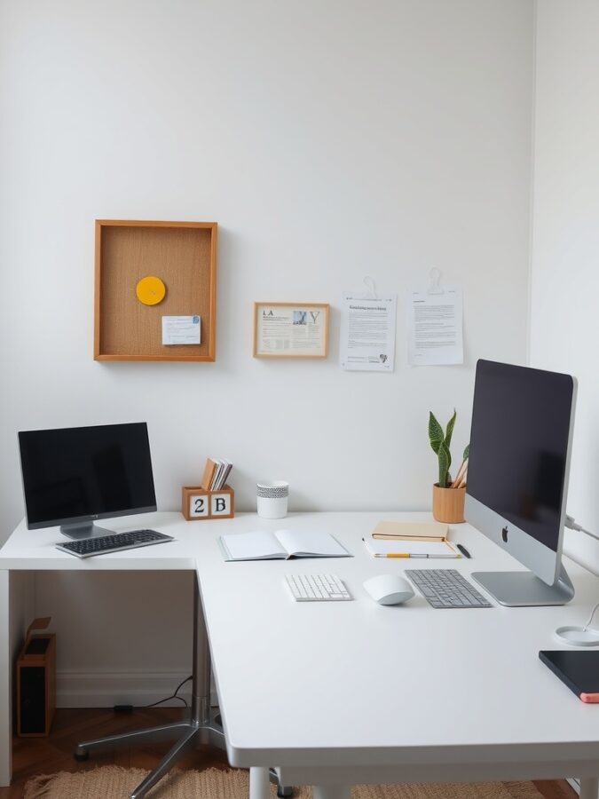 16 Inspiring Home Office Ideas for Enhanced Focus and Productivity 6 A tidy home office with two desks, a monitor, a laptop, a plant, and a bulletin board.