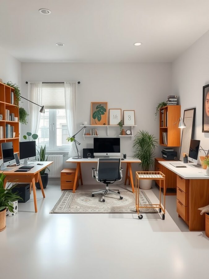 16 Inspiring Home Office Ideas for Enhanced Focus and Productivity 5 A bright and organized home office with multiple workstations, plants, and natural light.