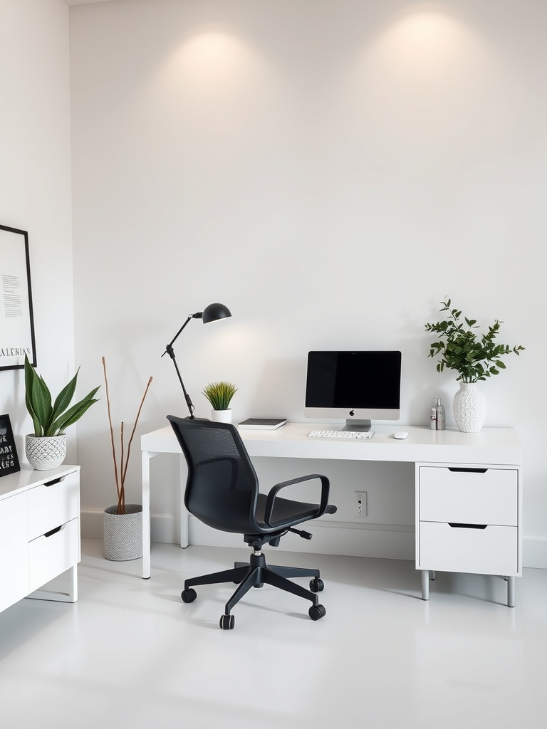 21 Creative DIY Ideas to Transform Your Home Office 17 A minimalist home office featuring a white desk, black chair, computer, and plants.