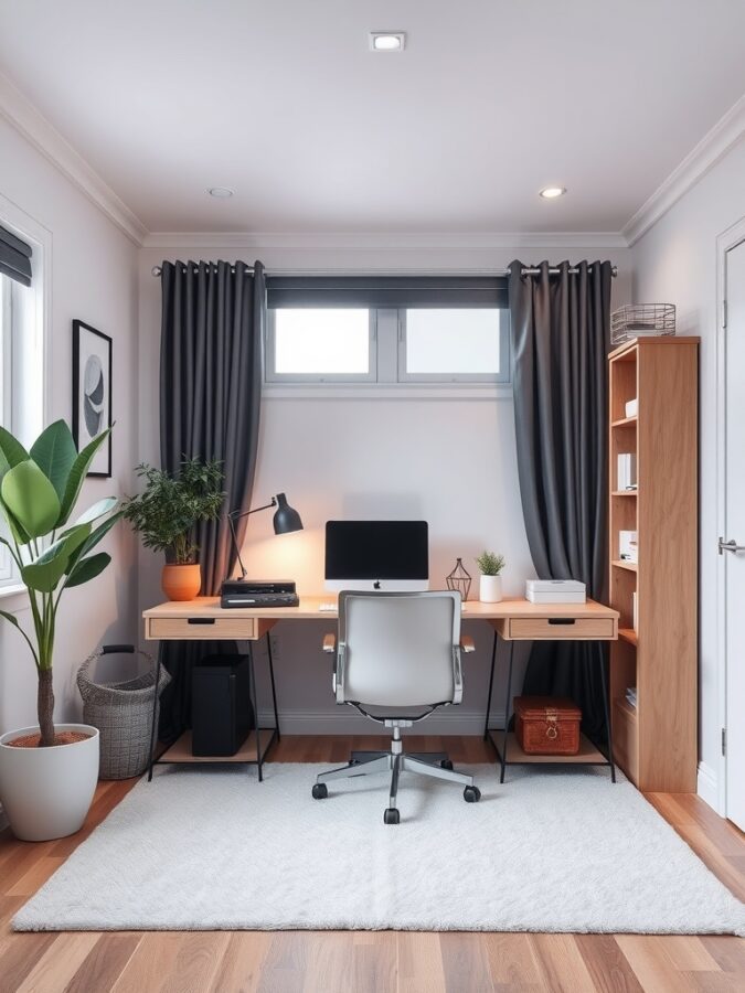 21 Inspiring Home Office Ideas for Creative Minds 20 A minimalist home office with a desk, chair, plants, and soft lighting, designed for mindfulness.