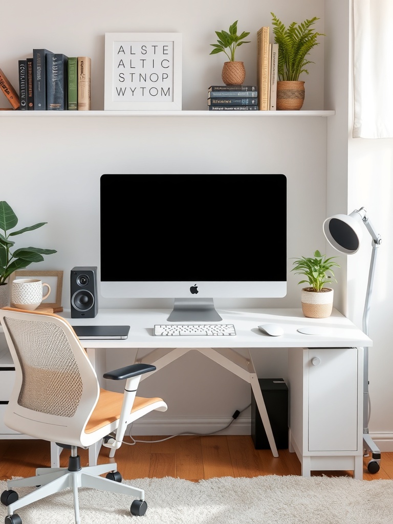 21 Creative DIY Ideas to Transform Your Home Office 22 A modern home office setup featuring a desk with a computer, ergonomic chair, plants, and books.