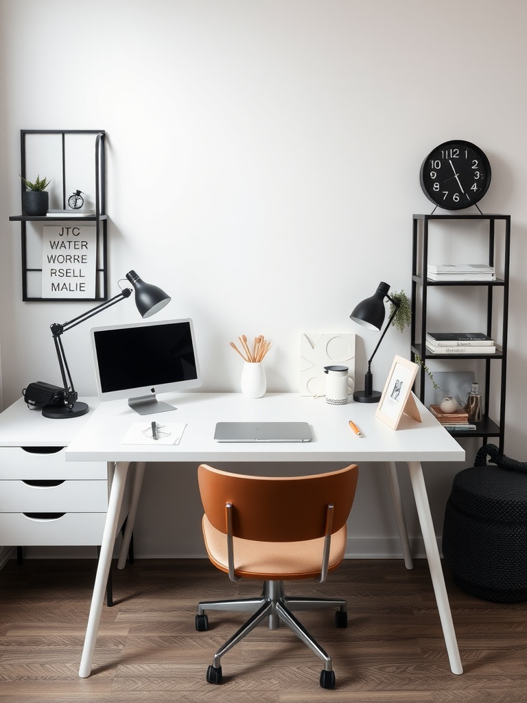 25 Smart Storage Solutions for a Stylish Home Office 26 A modern home office desk with storage features, including shelves, a lamp, and an orange chair.