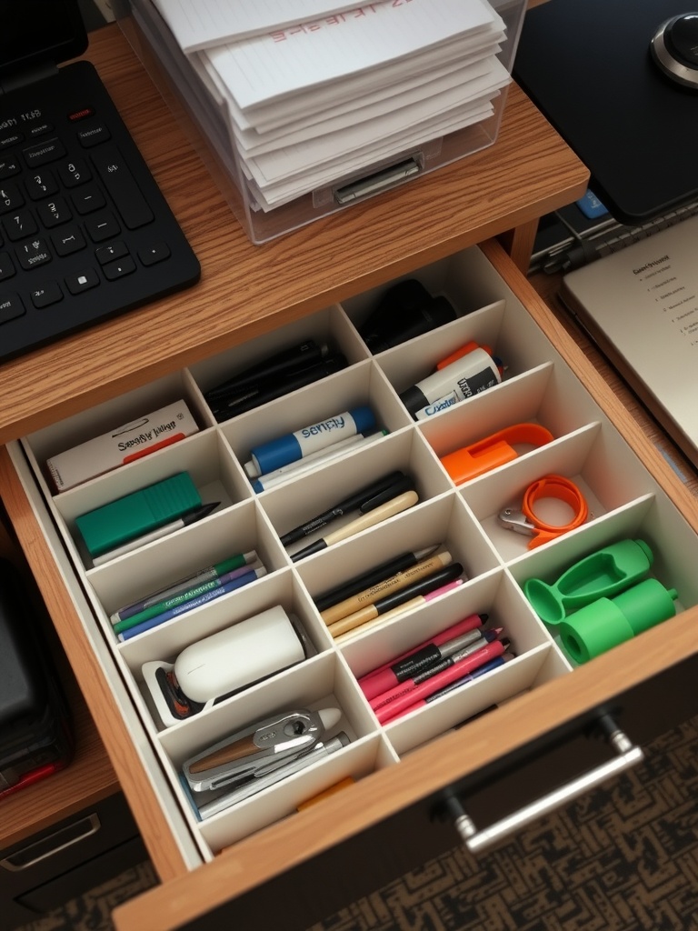 25 Smart Storage Solutions for a Stylish Home Office 16 An organized desk drawer with dividers separating various office supplies like pens, markers, and tape.