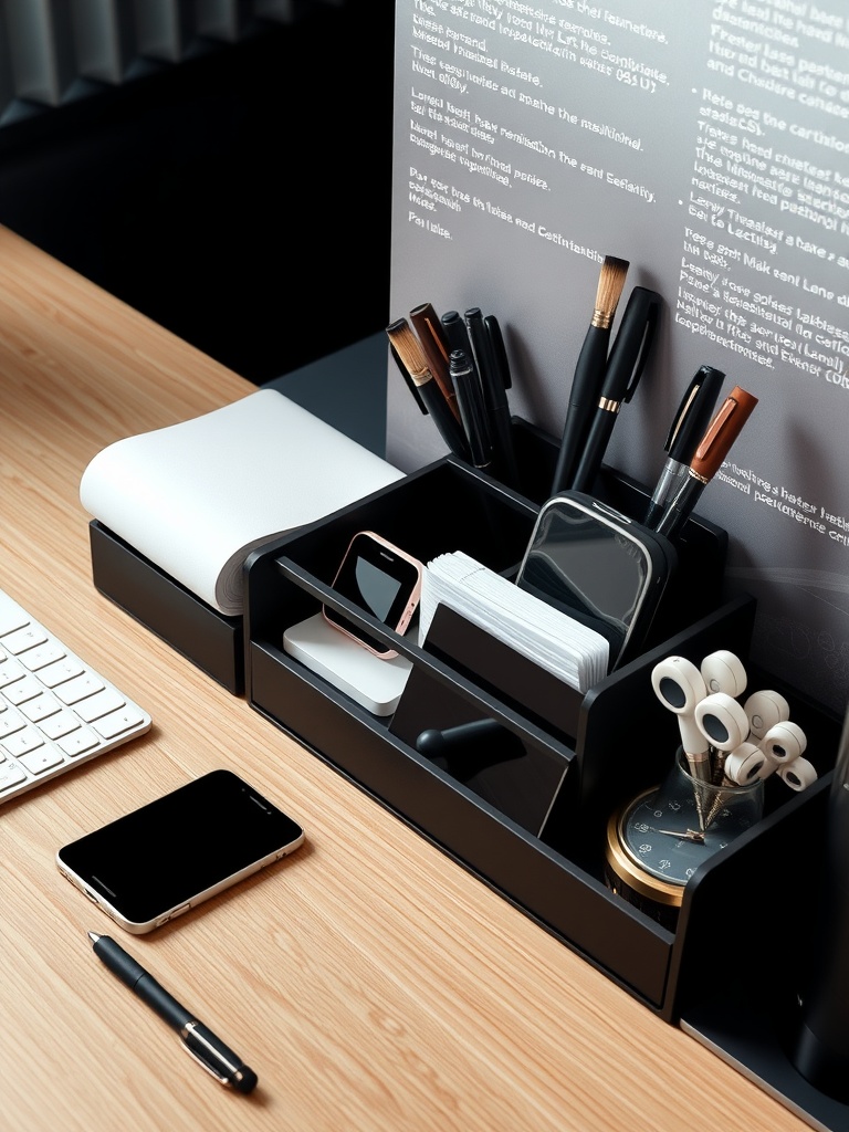 25 Smart Storage Solutions for a Stylish Home Office 8 A stylish desk organizer with pens, a notepad, and a phone on a wooden desk.