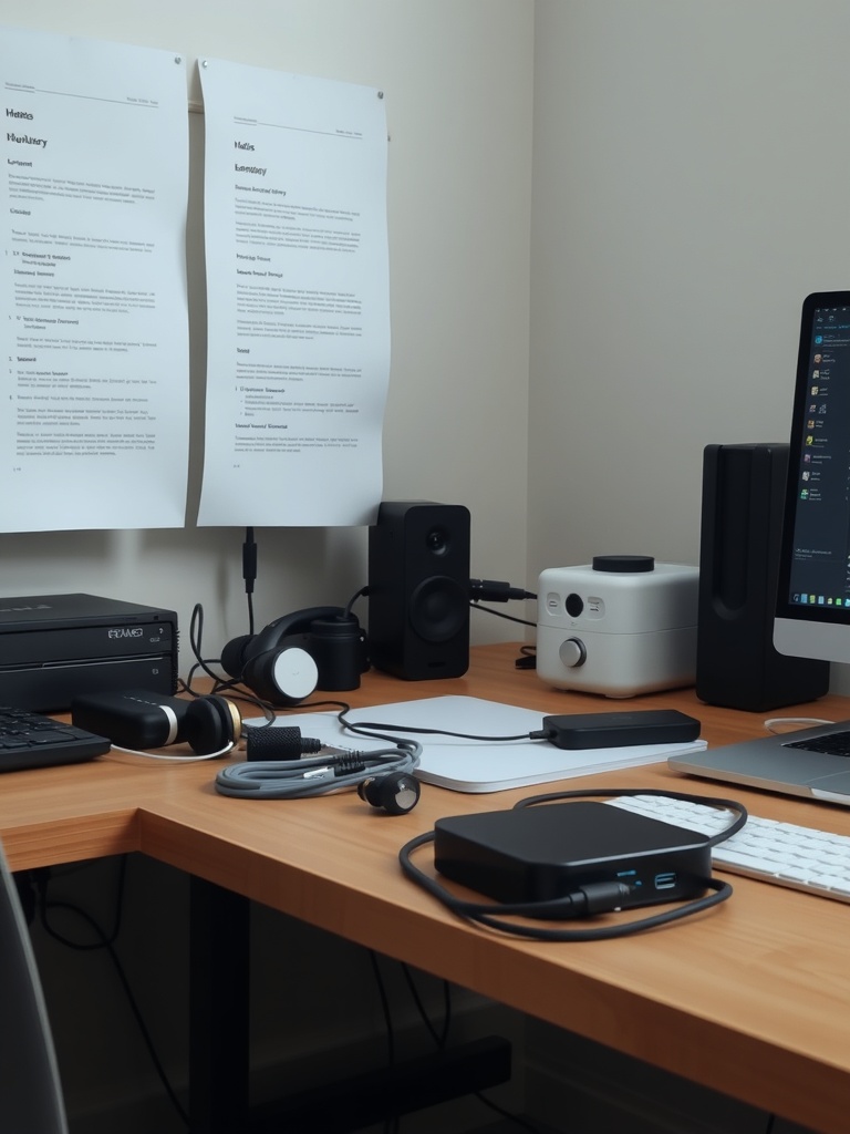 21 Creative DIY Ideas to Transform Your Home Office 9 A cluttered home office desk with various cables and devices.