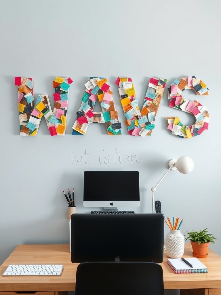 20 Creative and Affordable Home Office Ideas for Any Budget 3 Colorful DIY wall art spelling 'WAVS' made from fabric swatches, displayed above a desk with a computer.